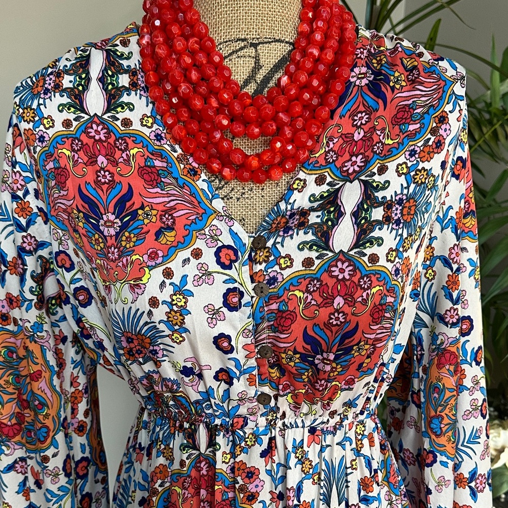 Anthropologie Vibrant Boemo Floral Flowing Long Sleeve Maxi Dress